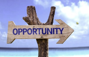 Opportunity wooden sign with a beach on background
